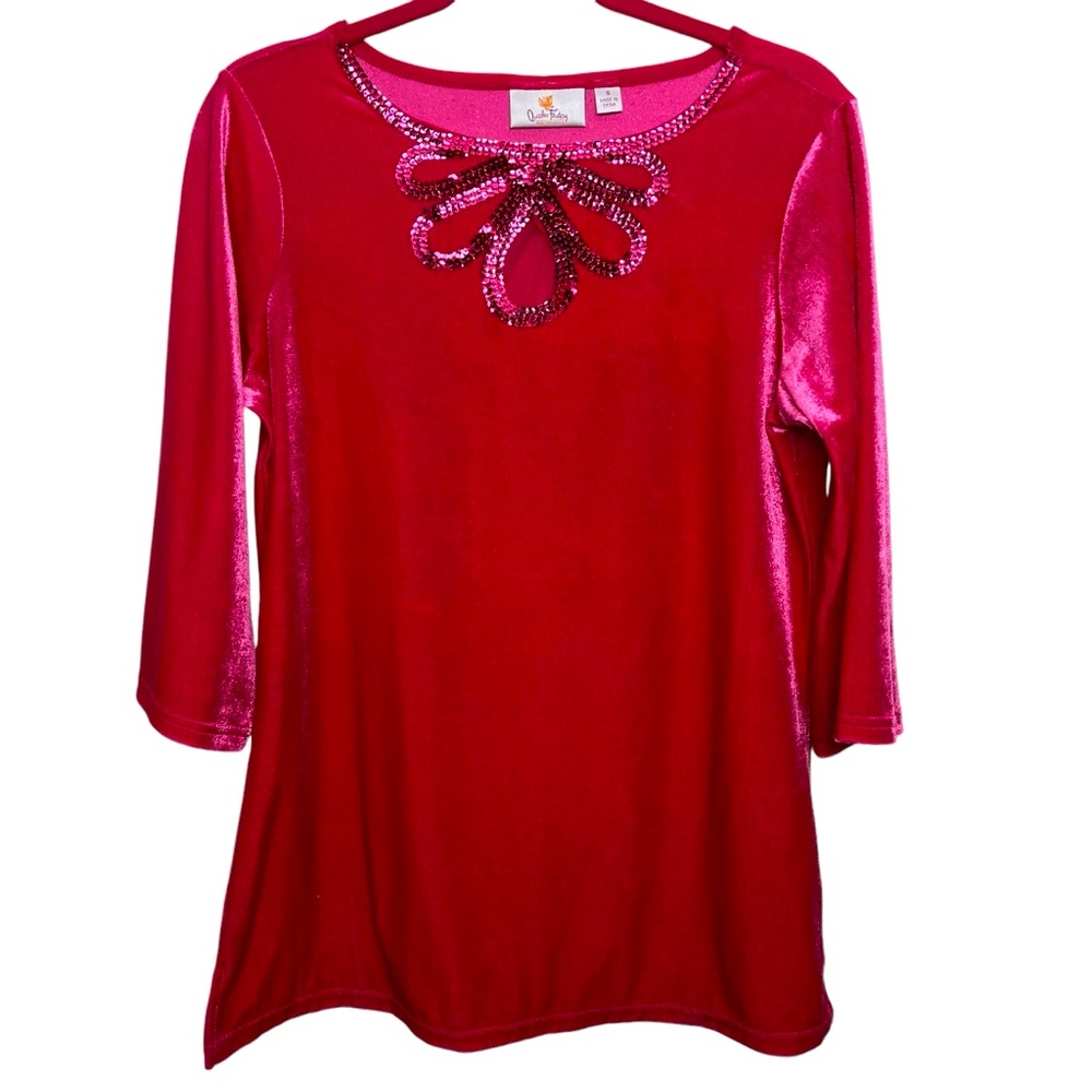 Quacker Factory Velvet Long Sleeve Tunic Sequin Detail Women Small Bright Pink